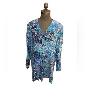 Diane Gilman Vintage Blue Floral Paisley Silk Shirt M